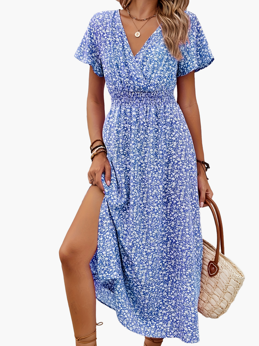 Damen Boho Maxikleid mit V-Ausschnitt und Blumenmuster – Elegantes Sommerkleid für Alltag und Urlaub