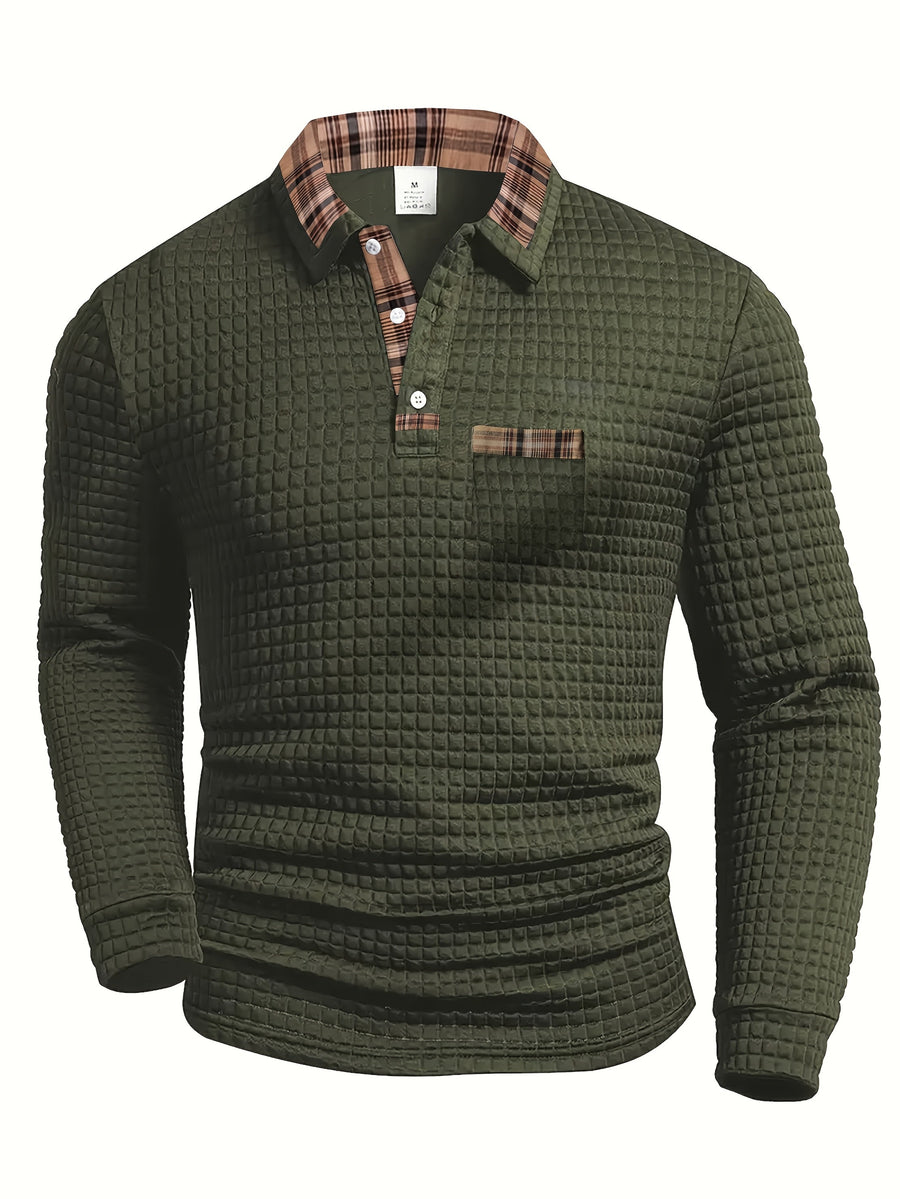 Herren Langarm-Poloshirt Waffelstruktur mit kariertem Kragen und Taschendetail