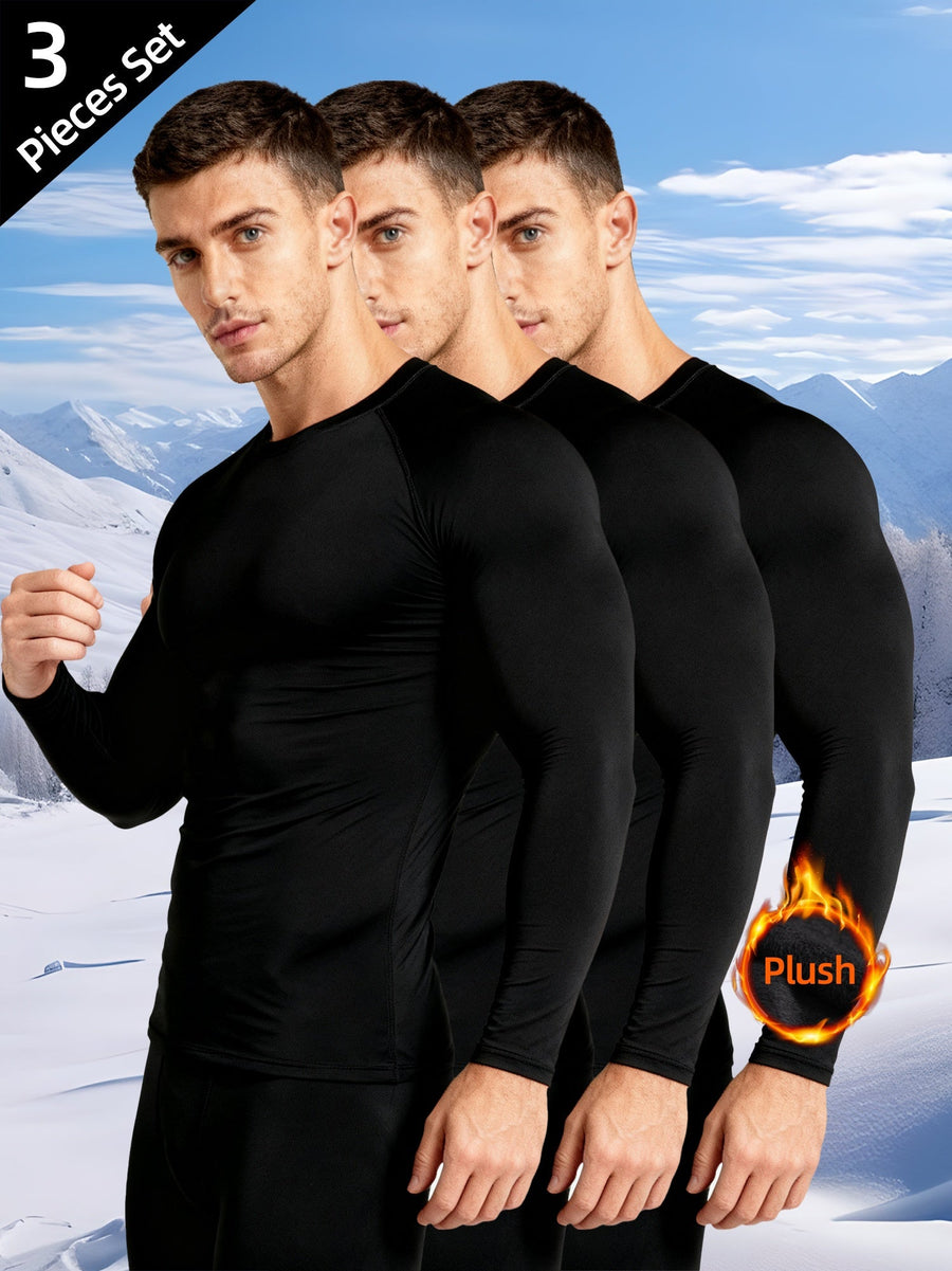 Herren Thermoshirt Langarm Schwarz Rundhals 3er-Set