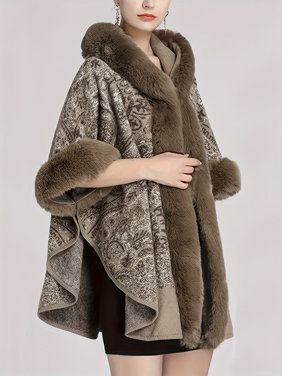Damen Cape mit Kapuze, Pelzbesatz und Muster – Gemütlicher Umhang
