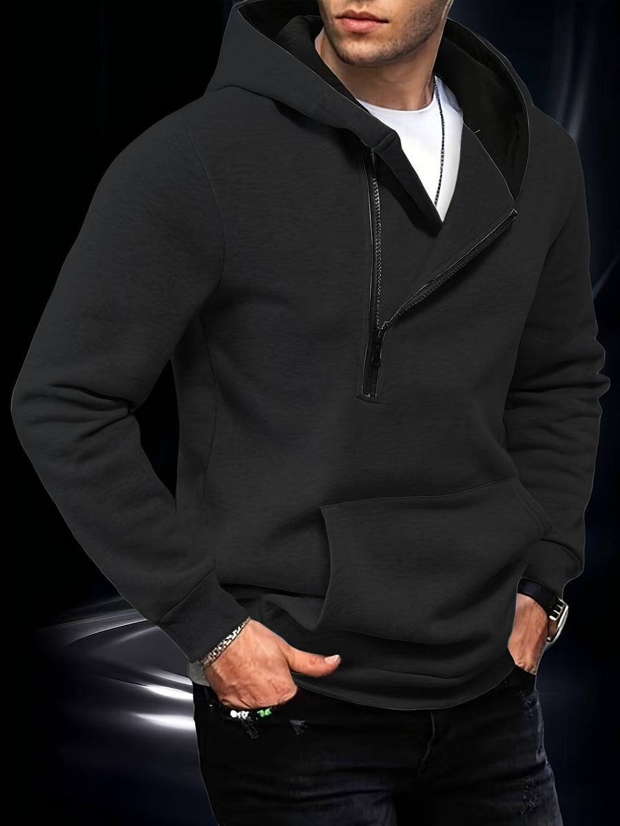 Herren Hoodie mit diagonalem Reißverschluss und Kängurutasche Weiß