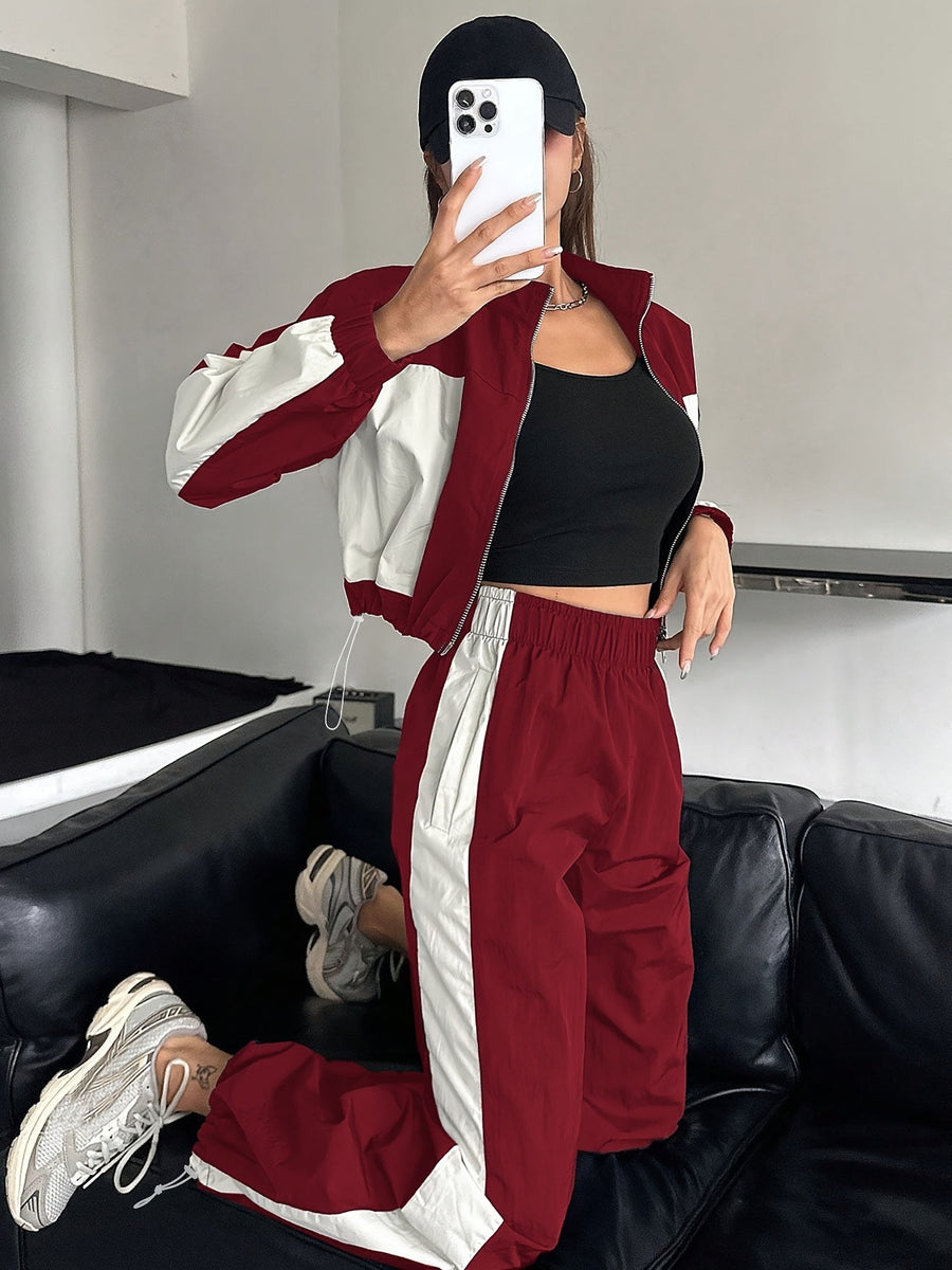 Damen Trainingsanzug Set Zweiteiler mit Colorblock Jacke und Jogginghose