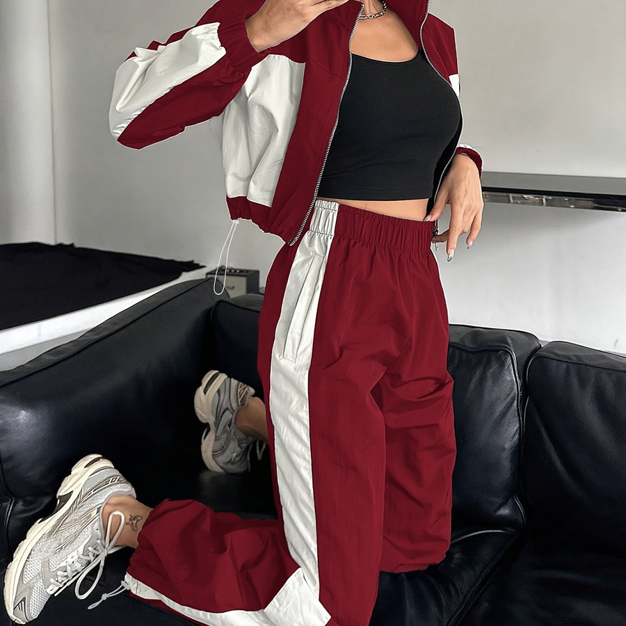 Damen Trainingsanzug Set Zweiteiler mit Colorblock Jacke und Jogginghose