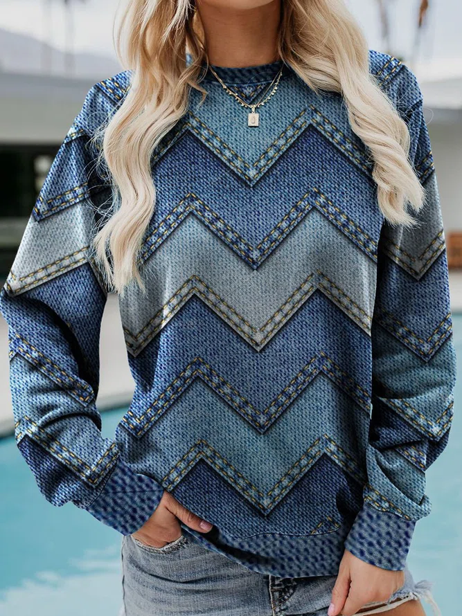 Damen Pullover mit V-förmigem Zickzack-Muster und runden Halsausschnitt