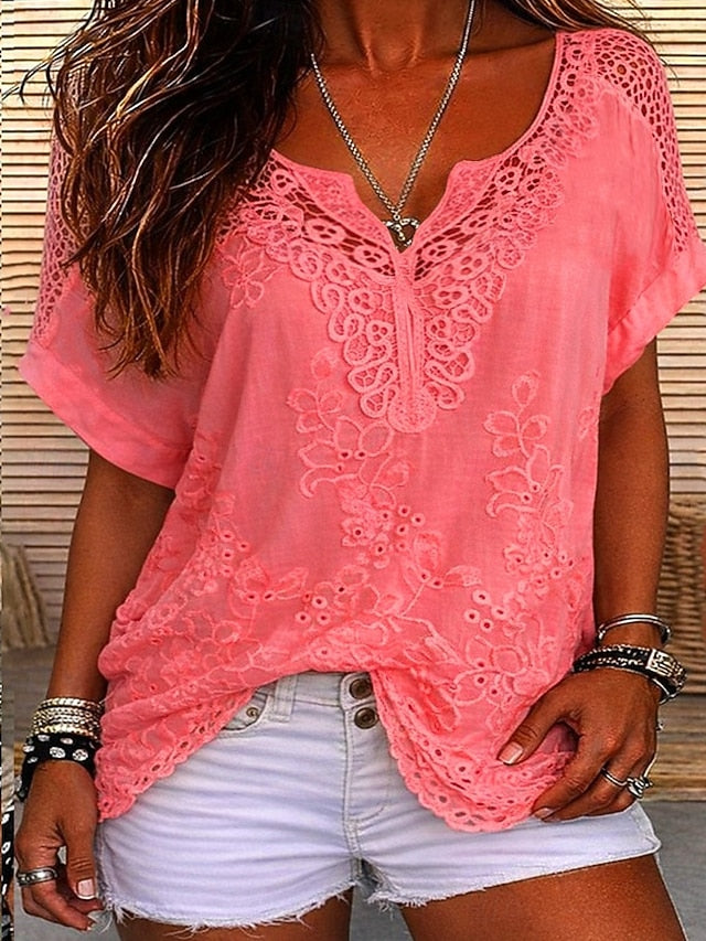 Damen Kurzarm Bluse mit Spitze & Stickerei V-Ausschnitt