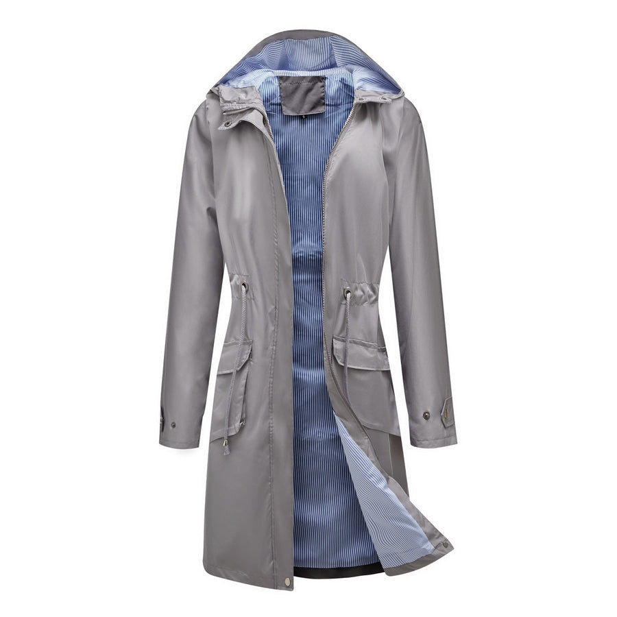 Damen Langer Regenmantel mit Kapuze Tunnelzug Freizeit Jacke