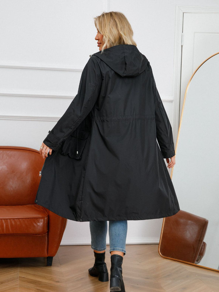 Damen Langer Regenmantel mit Kapuze Tunnelzug Freizeit Jacke
