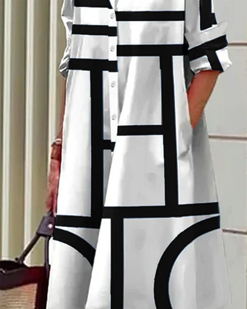 Damen Shirtkleid mit geometrischem Muster und Taschen – Lässiger, moderner Stil für Alltag und Büro