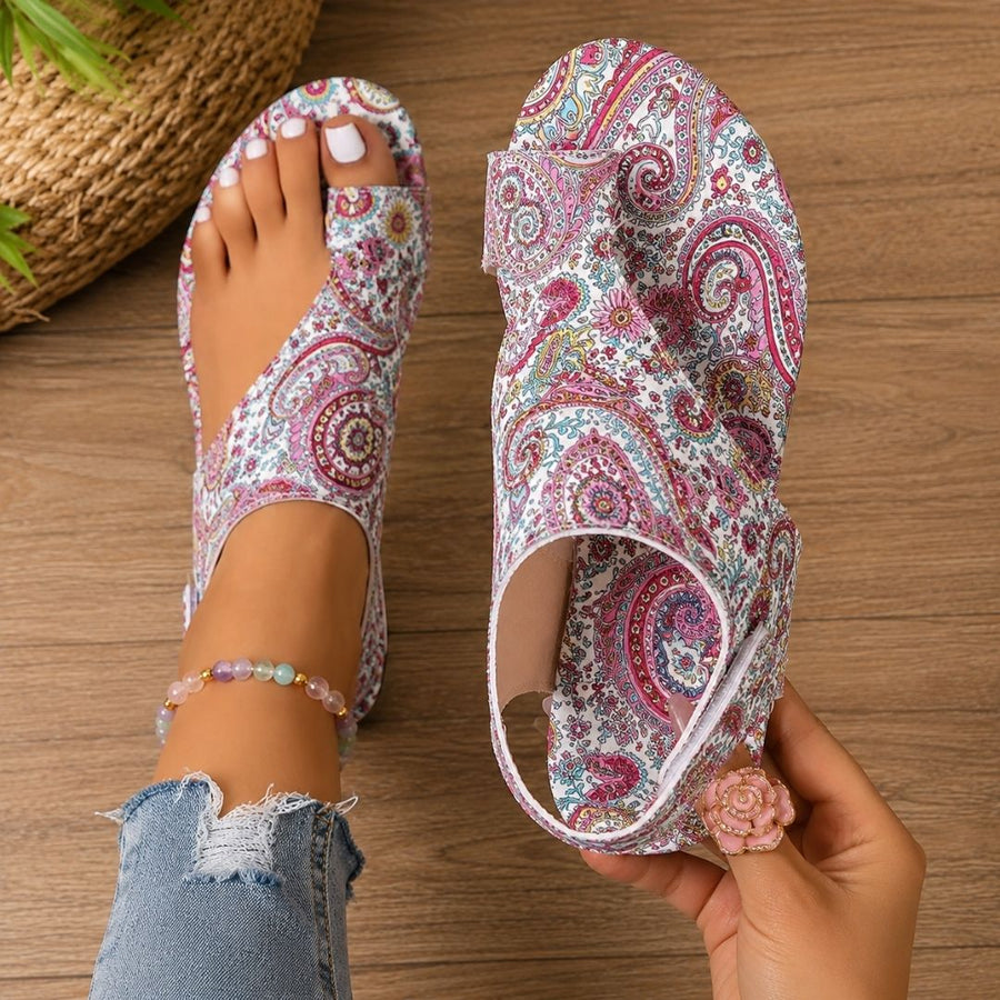 Damen Sandalen mit Zehensteg und Paisley-Muster, Riemchen-Design