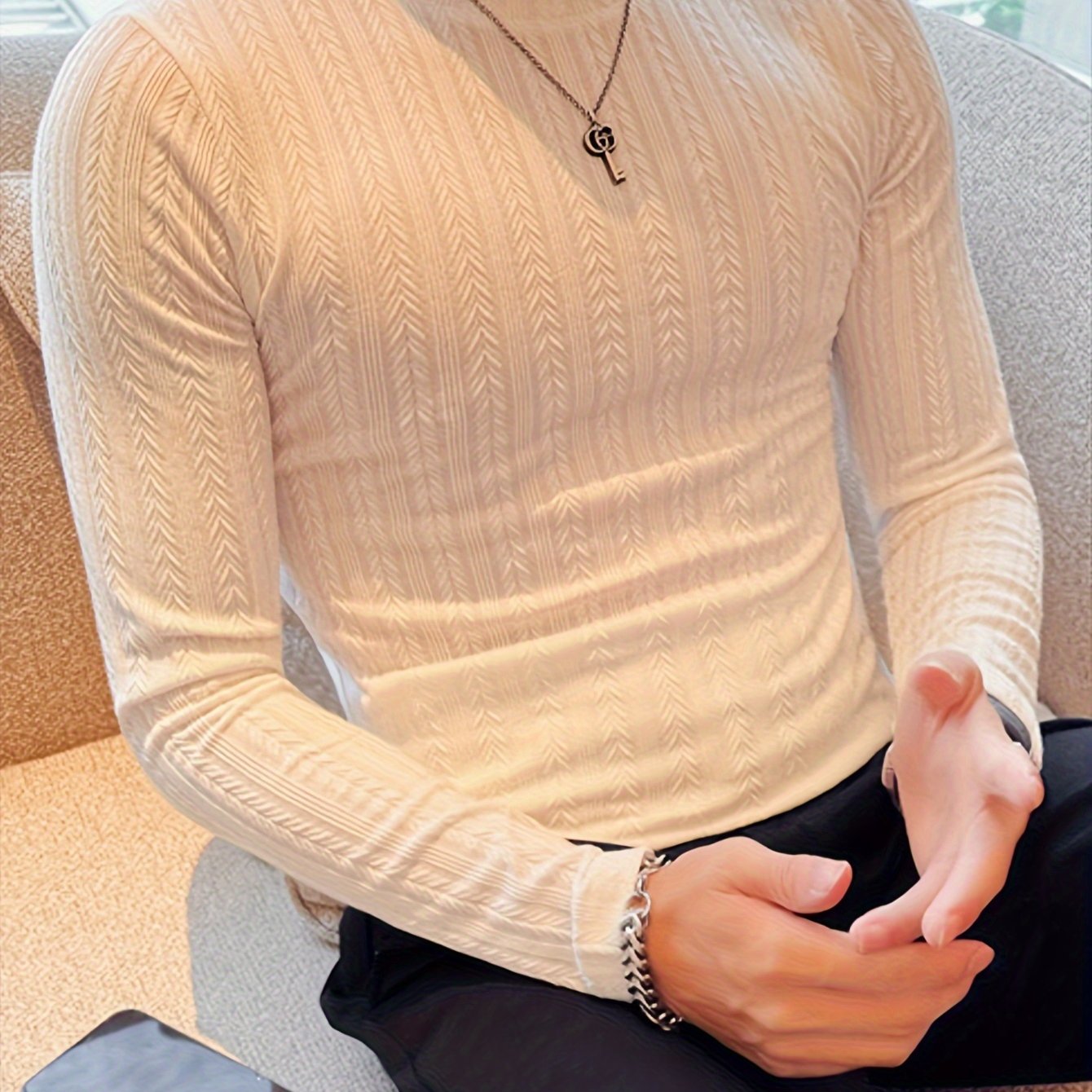 Herren Langarmshirt Slim Fit mit Strukturmuster Rundhals Weiß