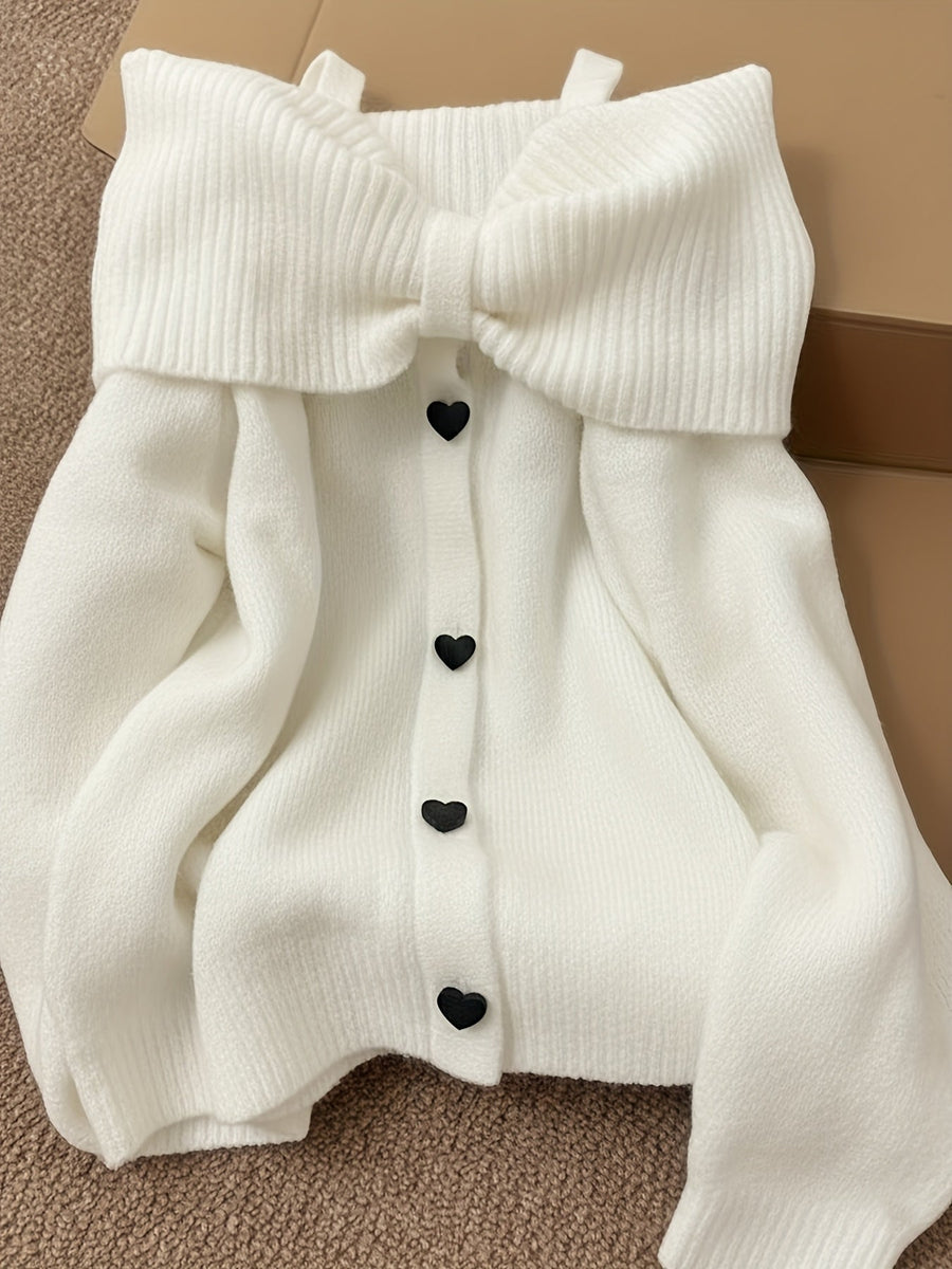 Damen Strickpullover Carmen-Ausschnitt Schleife Herzknöpfe