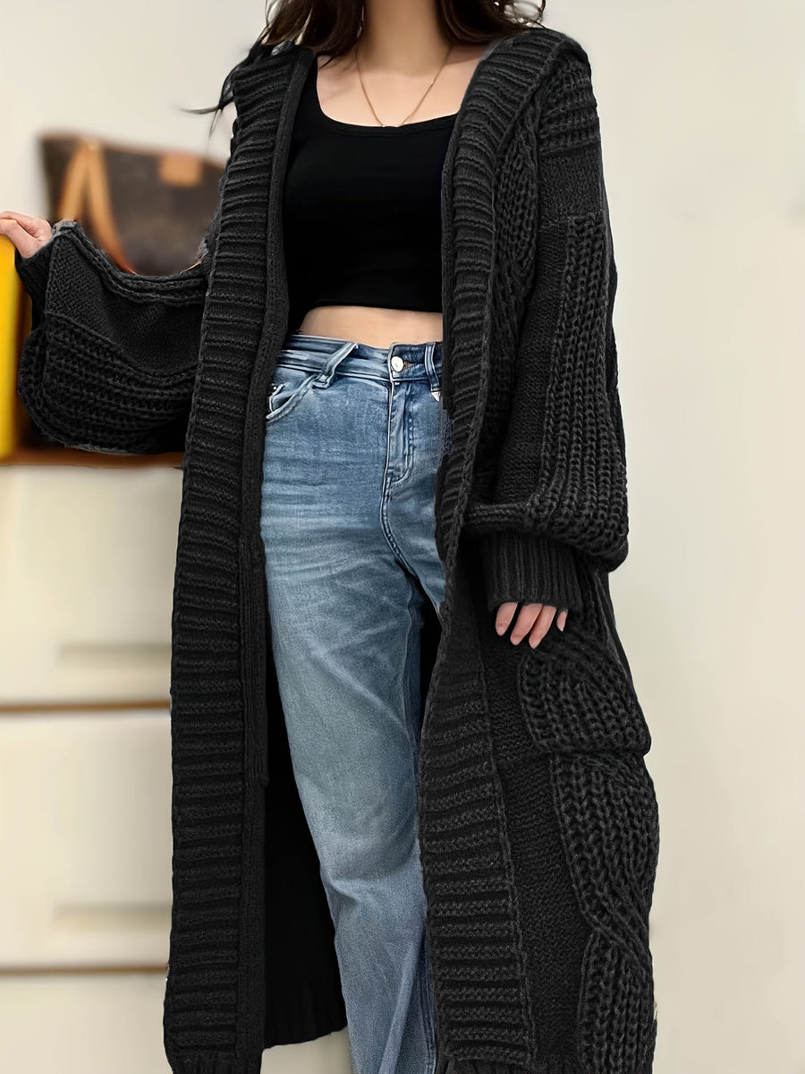 Damen Strickmantel Lang mit Kapuze Zopfmuster Strickjacke Grau