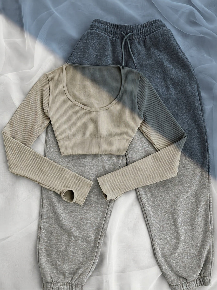 Damen Sport-Freizeit-Set geripptes Crop-Top Langarm + Jogginghose Grau