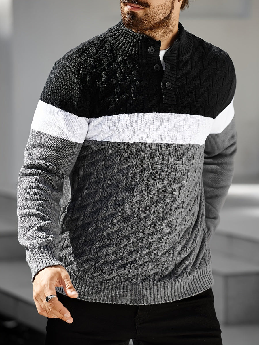 Herren Strickpullover mit Stehkragen und Knopfleiste, Farbblock Design