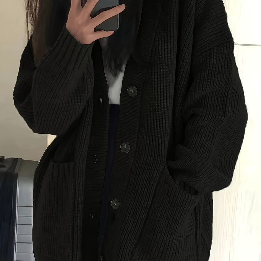 Damen Strickjacke Langarm V-Ausschnitt Knopfleiste Rippstrick Oversize