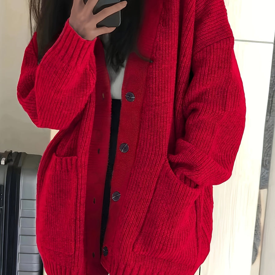 Damen Strickjacke Langarm V-Ausschnitt Knopfleiste Rippstrick Oversize
