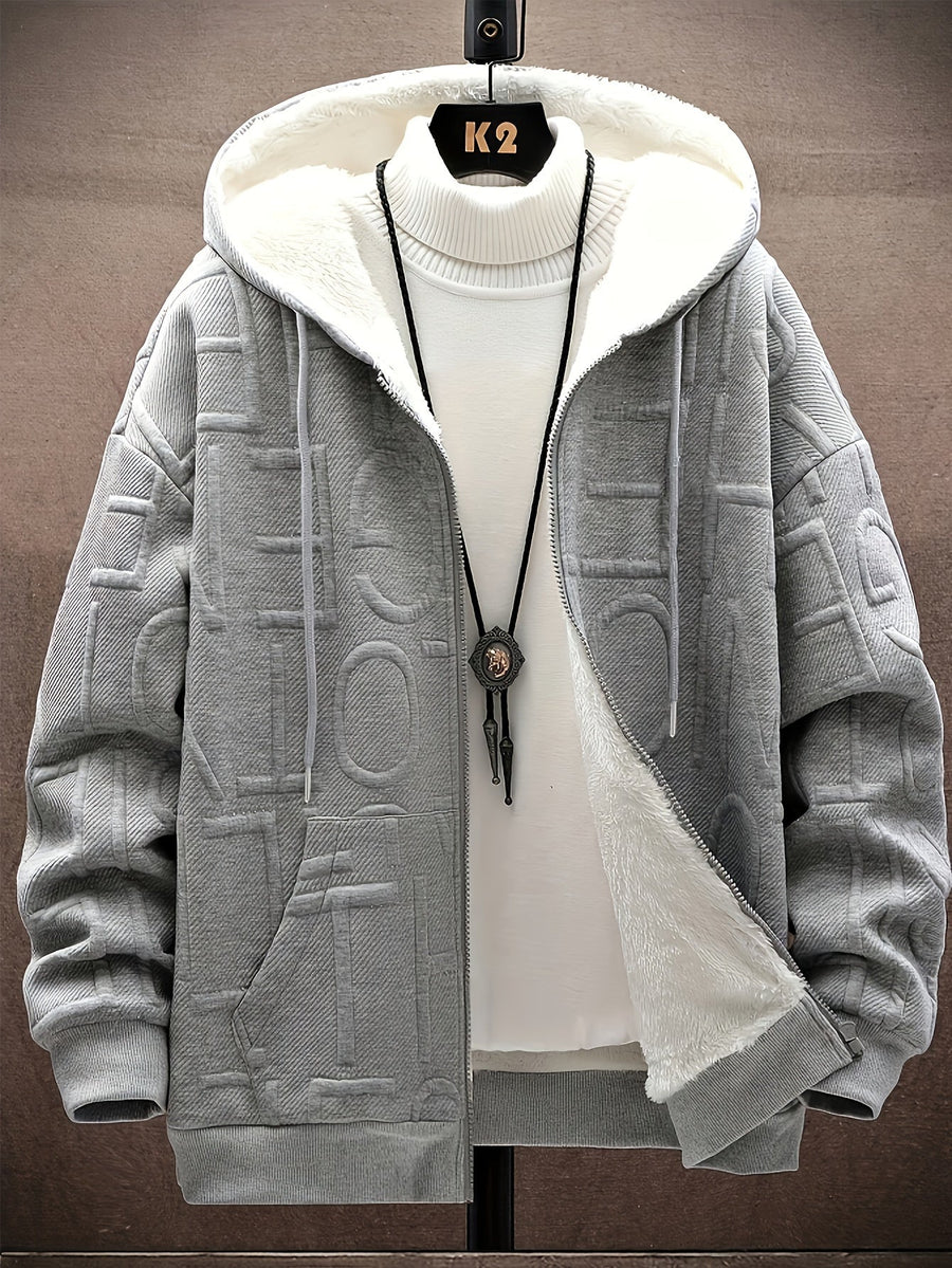 Herren Winter Hoodie Jacke mit Plüschfutter Reißverschluss Dick Gemustert Schwarz
