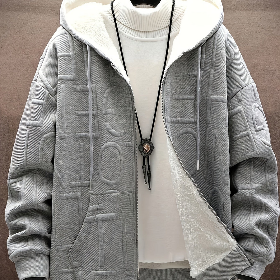 Herren Winter Hoodie Jacke mit Plüschfutter Reißverschluss Dick Gemustert Schwarz