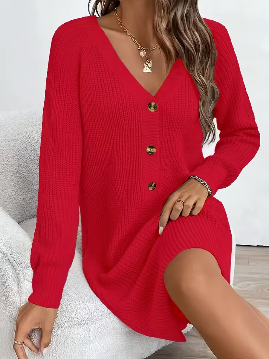 Damen Strickkleid V-Ausschnitt Langarm Strickpullover-Kleid