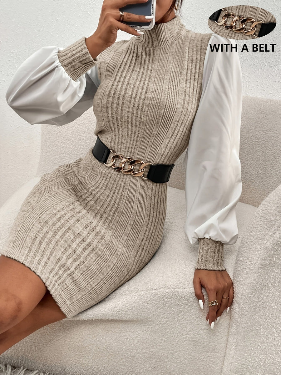 Damen Rippstrick-Kleid mit Stehkragen und Puffärmeln, inklusive Gürtel