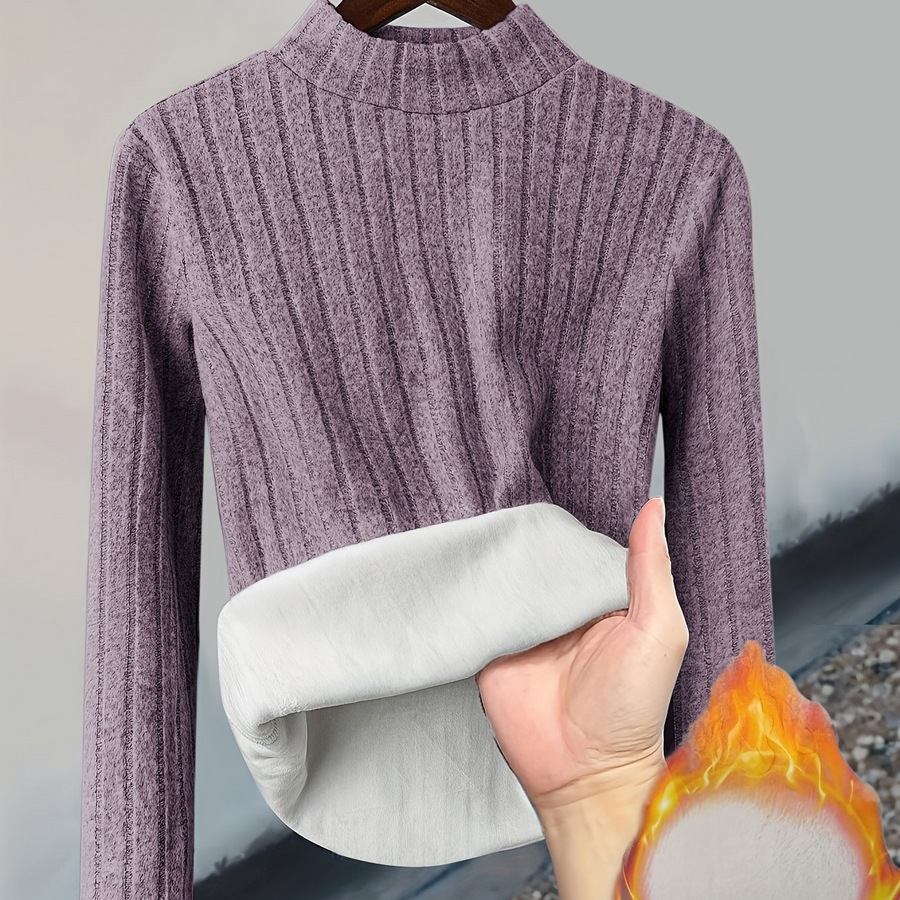 Gerippter Damen Pullover mit hohem Kragen und warmem Fleecefutter, Langarm, Slim Fit