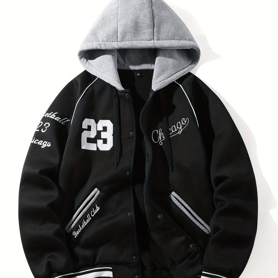 Unisex Kapuzen Sweatshirt Jacke mit Knopfleiste Varsity Style