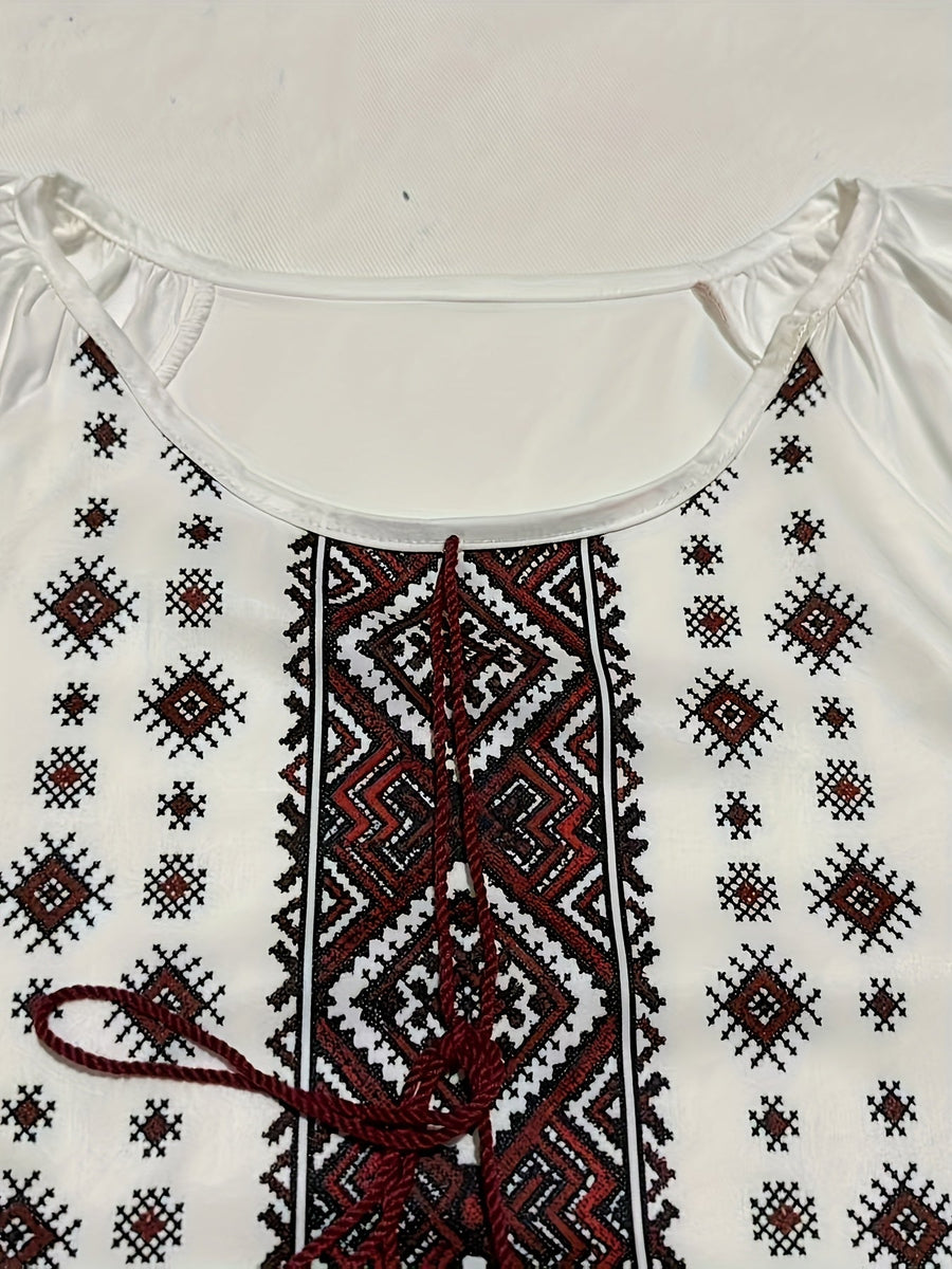 Damen Bluse mit runden Ausschnitt und rot-brauner Stickerei