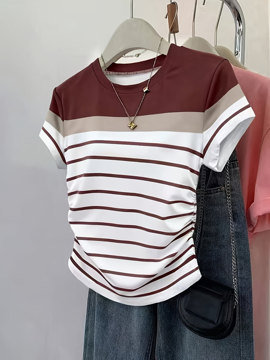Damen T-Shirt im Streifen-Design mit modischen Raffungen – Perfekt für Freizeit und Alltag