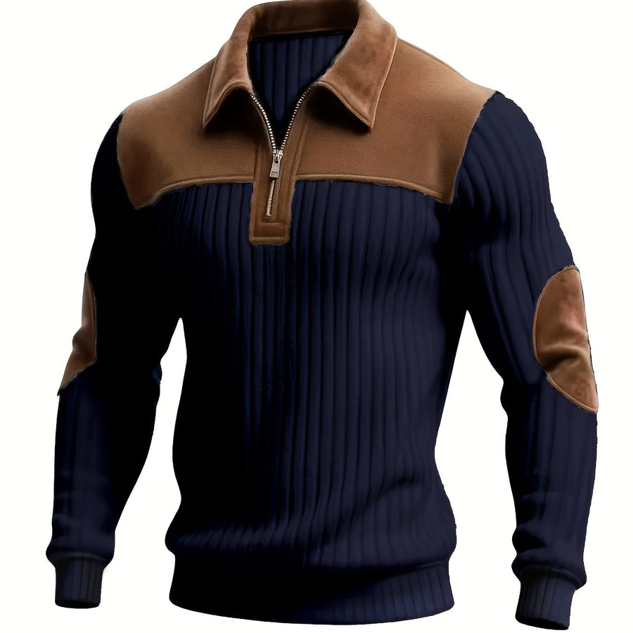 Herren Strickpullover Rippstrick Reißverschluss Kragen Ellenbogenpatches Beige Braun