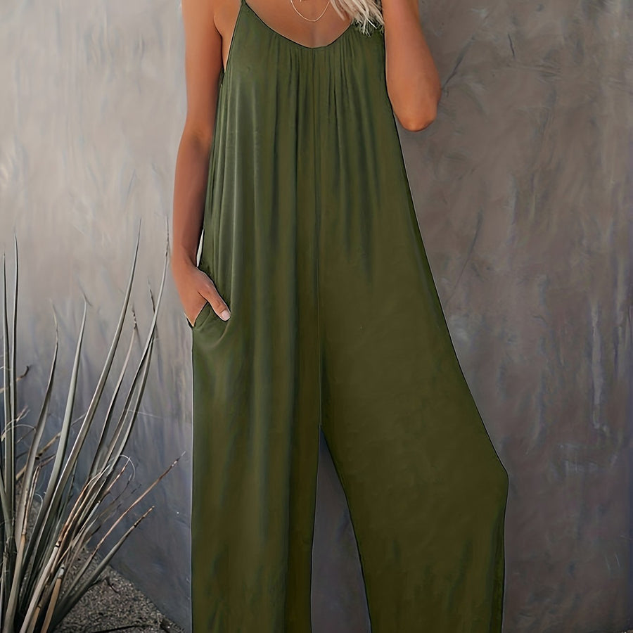 Damen Weite Casual Jumpsuit mit Spaghettiträgern – Luftiger Einteiler für Freizeit & Urlaub
