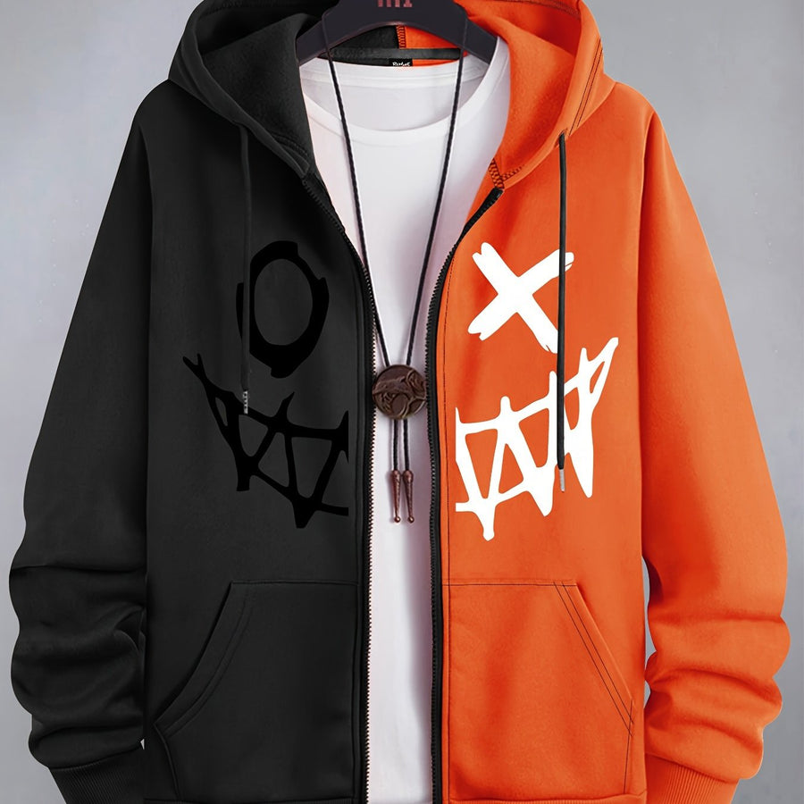 Unisex Kapuzenjacke mit Reißverschluss, Zweifarbig und Grafikmuster, Sportlicher Hoodie