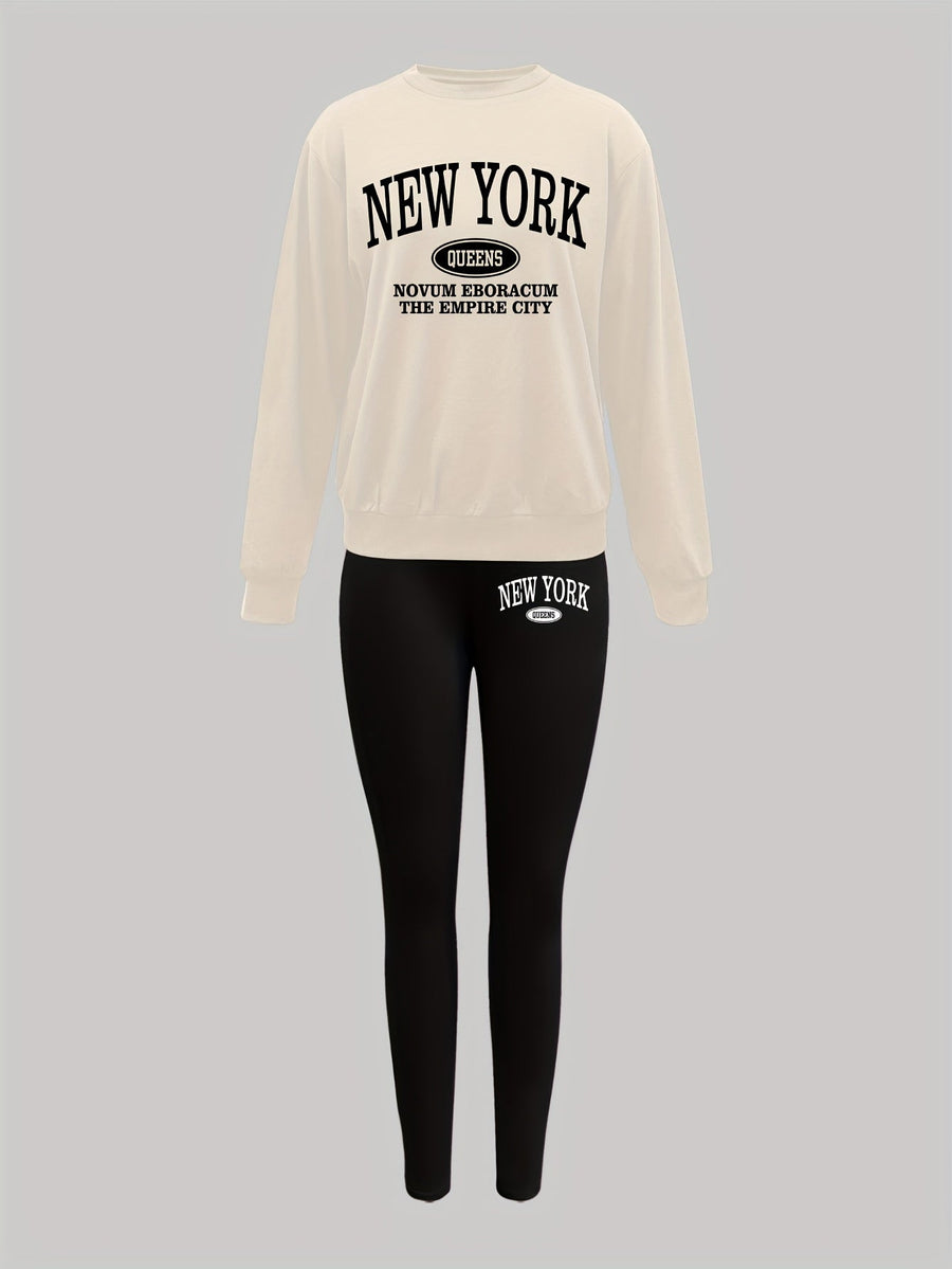Damen Trainingsanzug Set Sweatshirt & Leggings New York Queens Print Schwarz