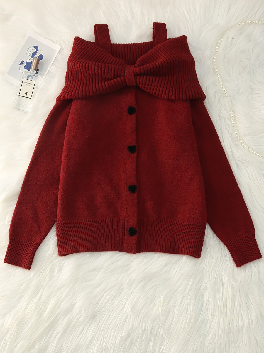 Damen Strickpullover Carmen-Ausschnitt Schleife Herzknöpfe