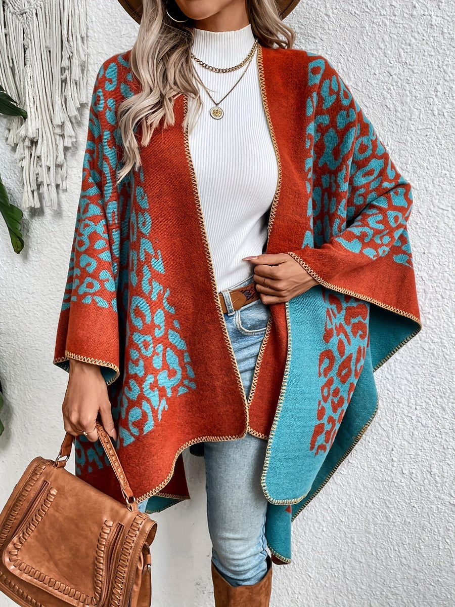 Damen Poncho Cape mit offenem Vorderteil und geometrischem Muster – Boho Stil für Alltag und Freizeit