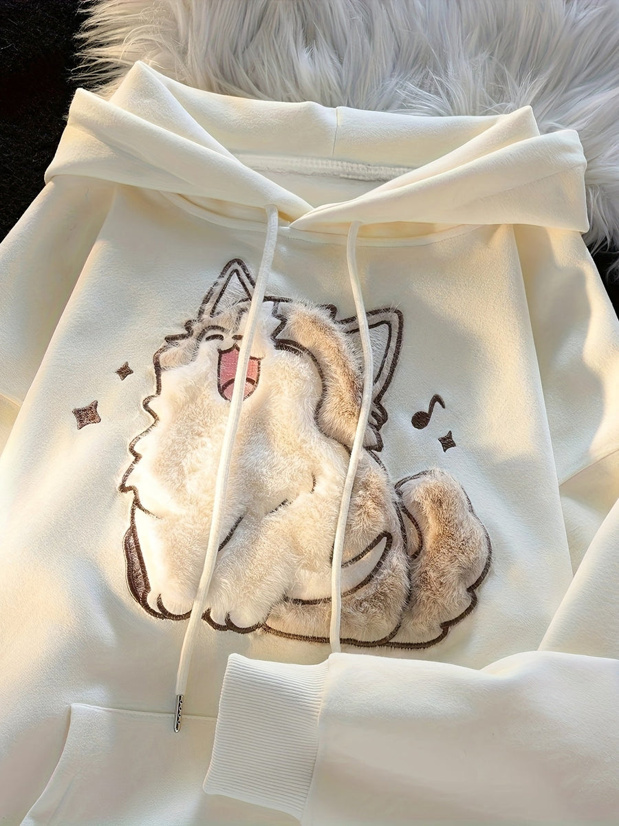 Hoodie Damen Creme mit flauschigem Katzen-Motiv