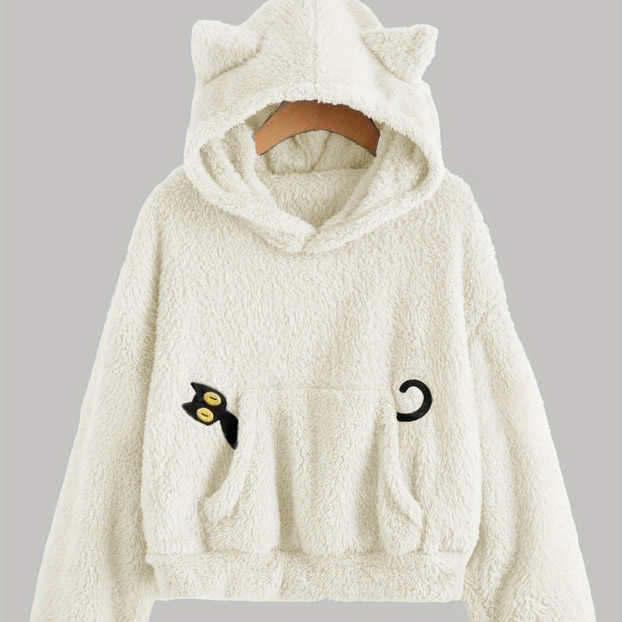 Flauschiger Kapuzenpullover mit Katzenohren und Kängurutasche für Damen
