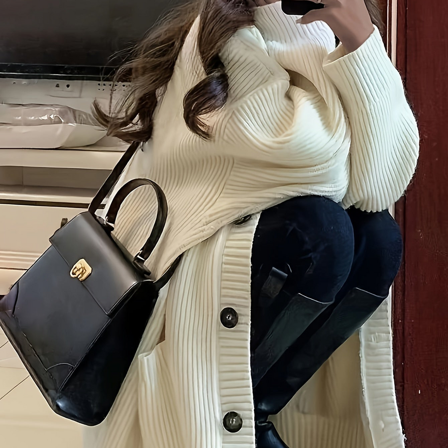 Damen Strickjacke Langarm V-Ausschnitt Knopfleiste Rippstrick Oversize