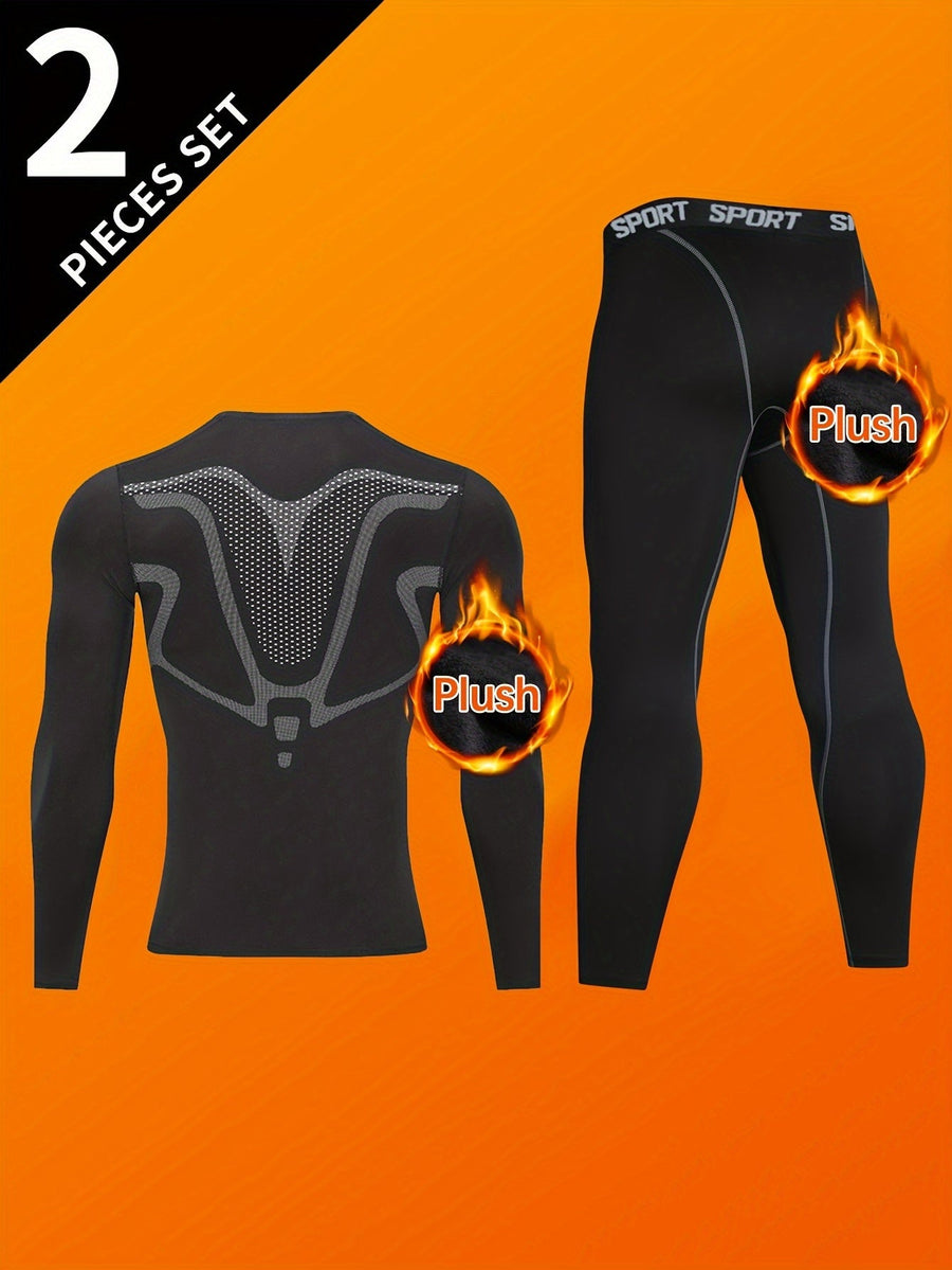 2-teiliges Herren Sport Funktionsunterwäsche Set Schwarz Langarmshirt Hose Winter