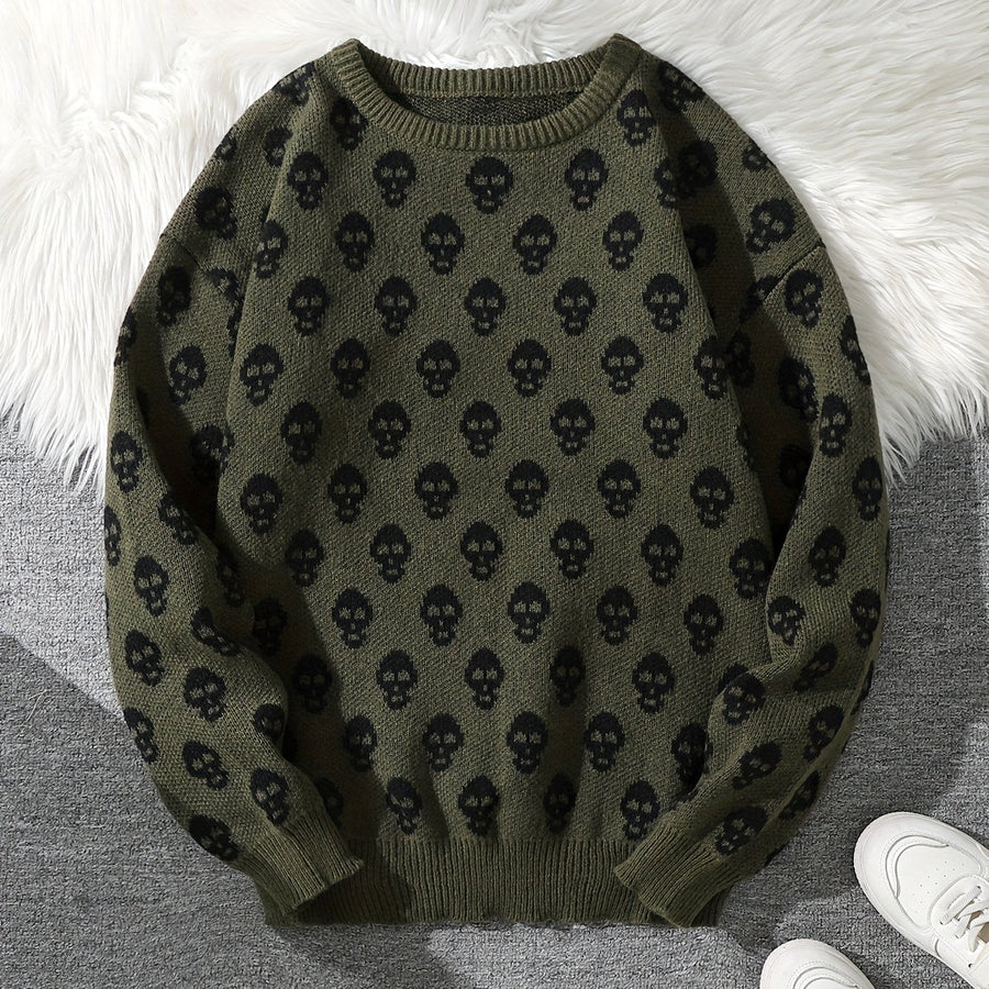 Unisex Strickpullover mit Rundhalsausschnitt und Totenkopfmuster