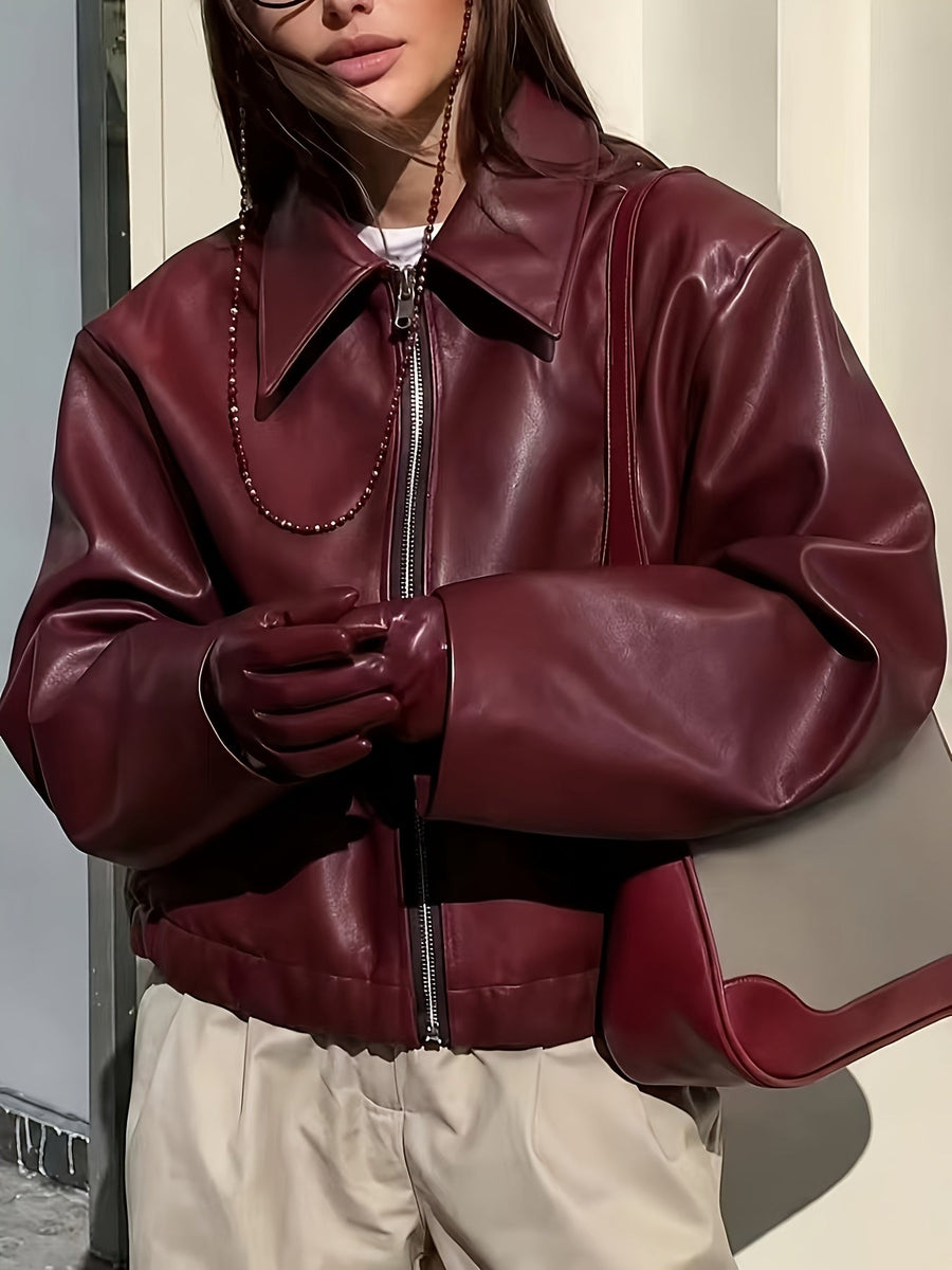 Damen Bomberjacke in Lederoptik mit Kragen und Reißverschluss