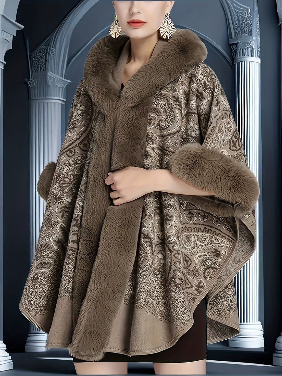 Damen Cape mit Kapuze, Pelzbesatz und Muster – Gemütlicher Umhang