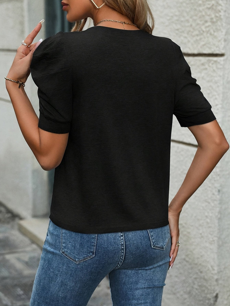 Damen Elegantes Kurzarm T-Shirt mit Puffärmeln – Alltag & Büro