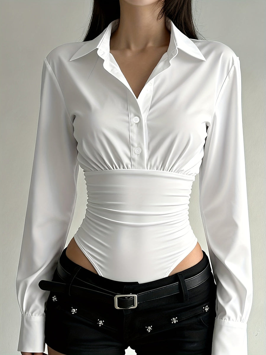 Damen Langarm Bodysuit mit Hemdkragen und Raffungen an der Taille