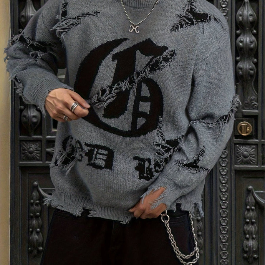 Distressed Pullover mit Rundhalsausschnitt und Gothic-Print