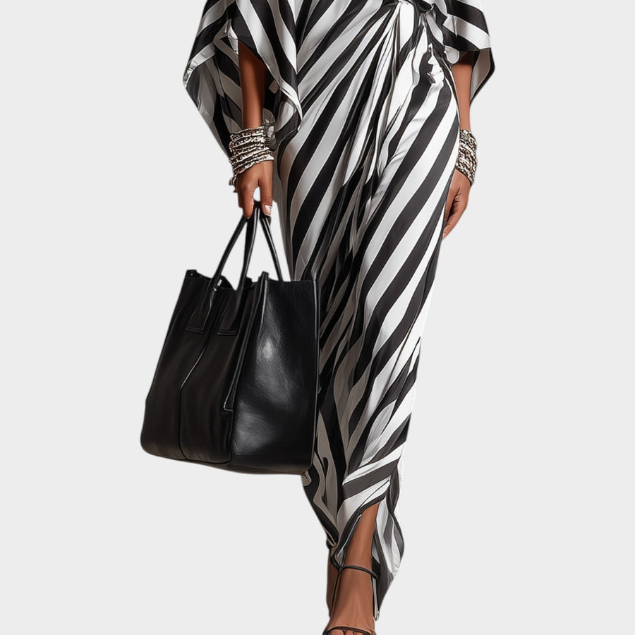Damen Maxi-Kleid Off-Shoulder Schwarz-Weiß gestreift Kaftan-Stil mit Schlitz