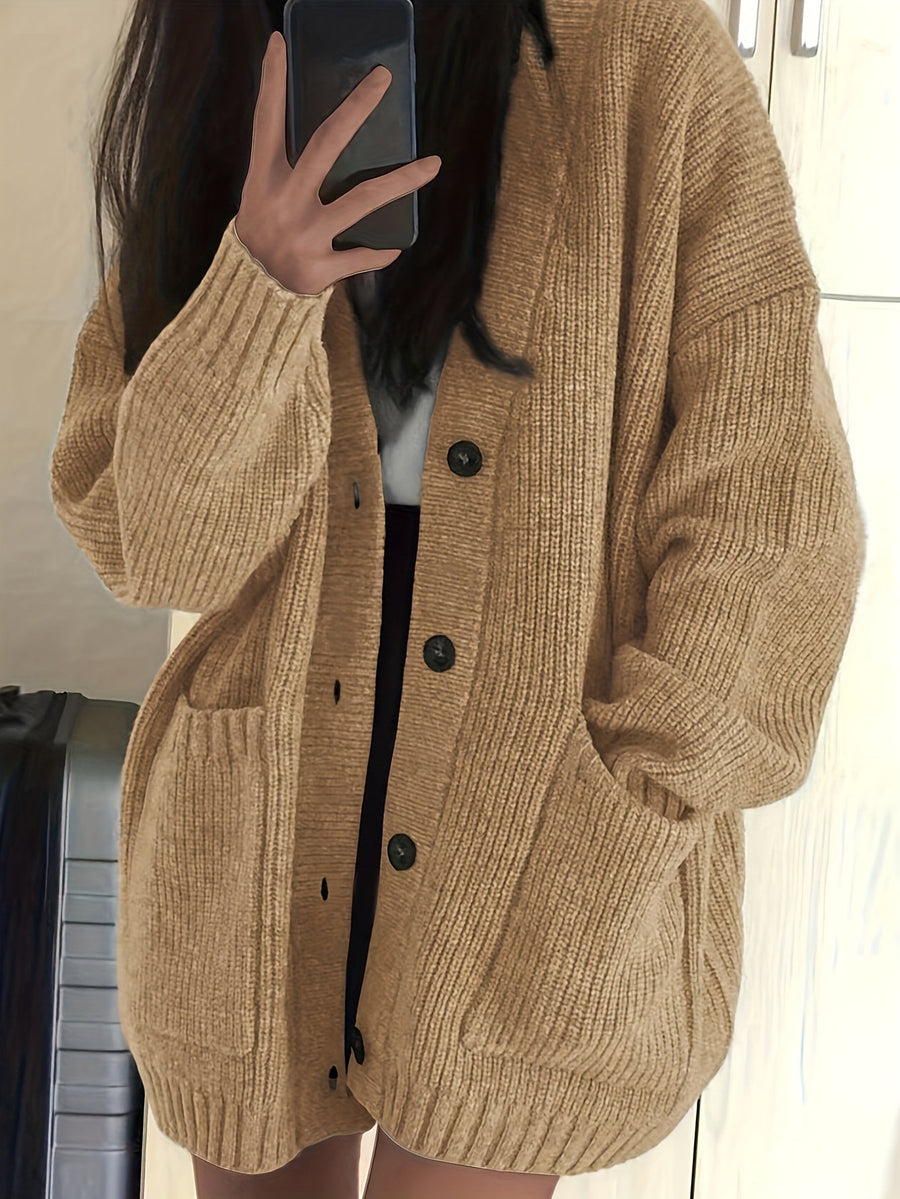 Damen Strickjacke Langarm V-Ausschnitt Knopfleiste Rippstrick Oversize