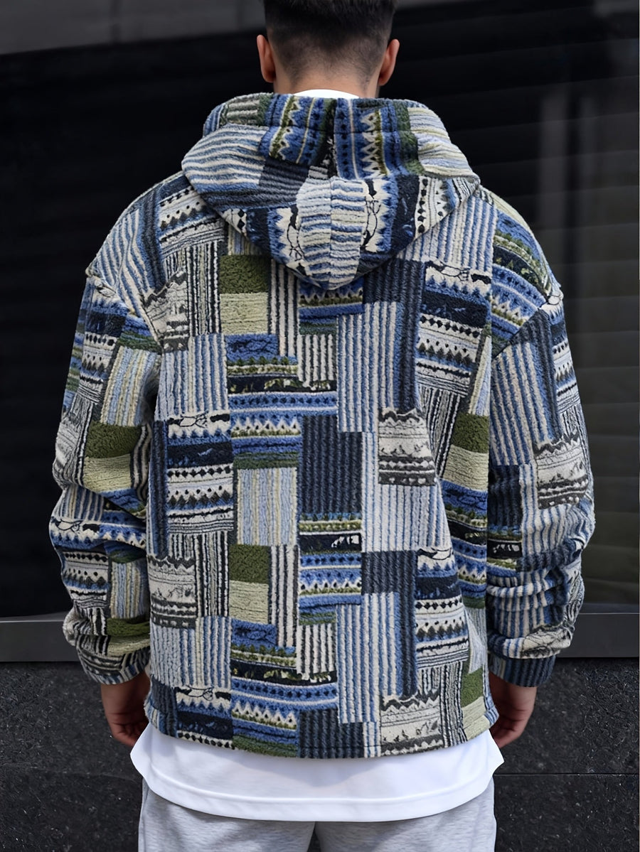 Heren patchwork-hoodie van teddyfleece met quarter-zip