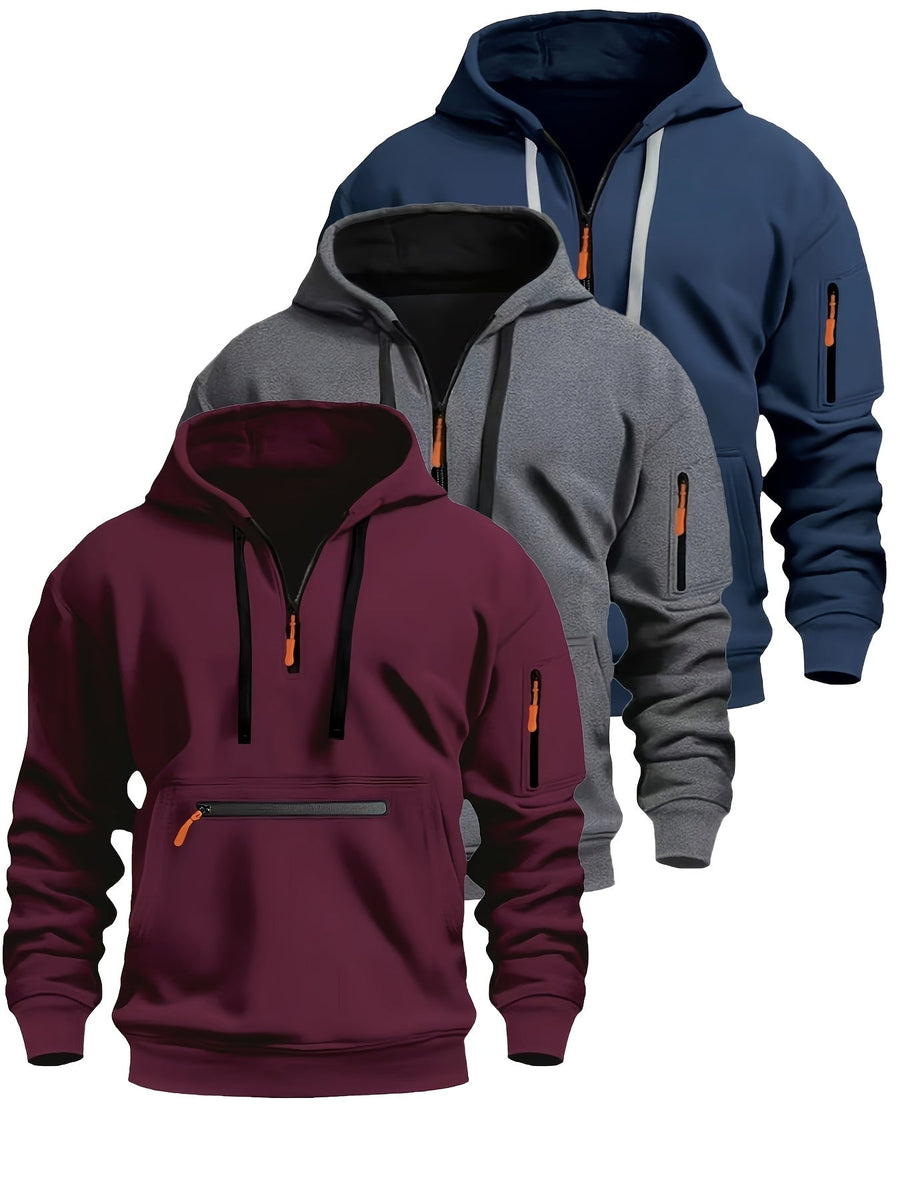Herren Hoodie mit halbem Reißverschluss, Kapuze und Reißverschlusstaschen