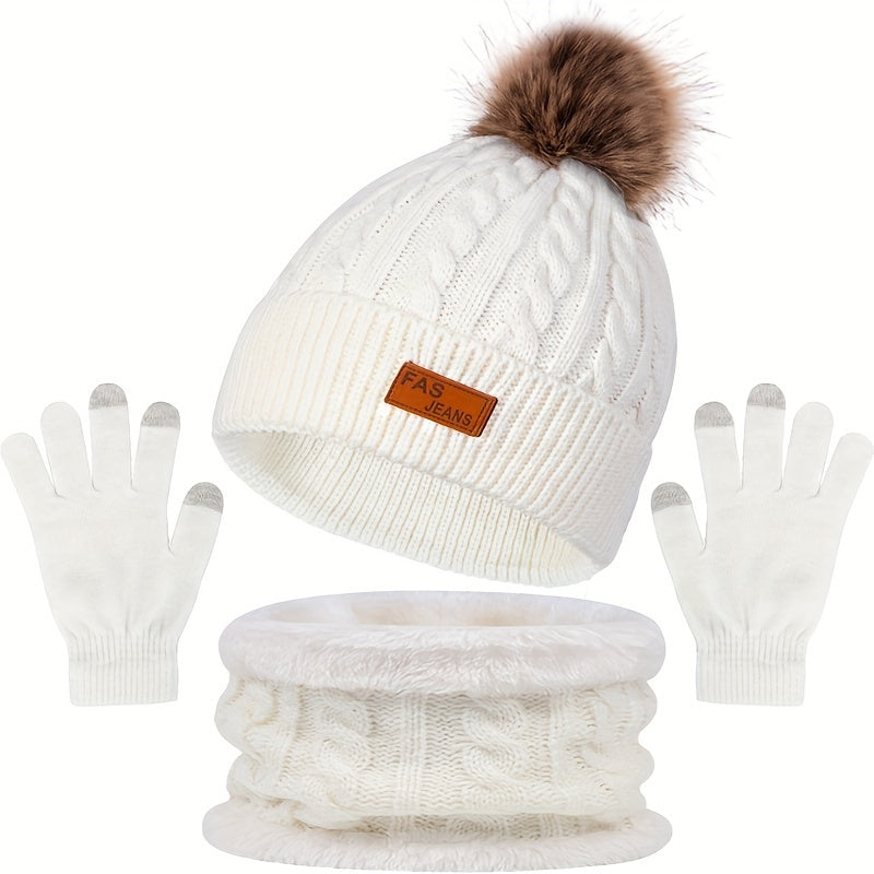 Unisex winterset met gebreide muts met pompon, sjaal en handschoenen