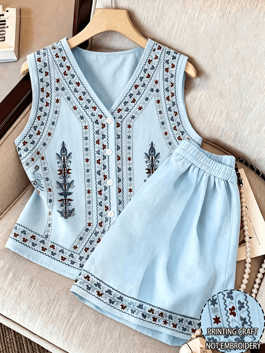Damen Zweiteiler Weste & Shorts Set mit V-Ausschnitt und Stickerei – Ärmelloses Oberteil & Elastische Taille Shorts